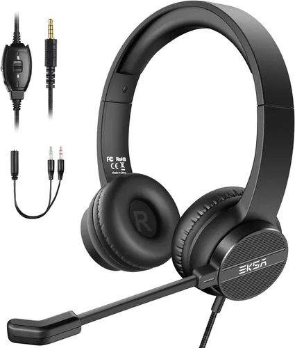 Vista 9 de EKSA Auriculares con micrófono para laptop, auriculares con cable para computadora con controles de volumen y silencio de micrófono, auriculares