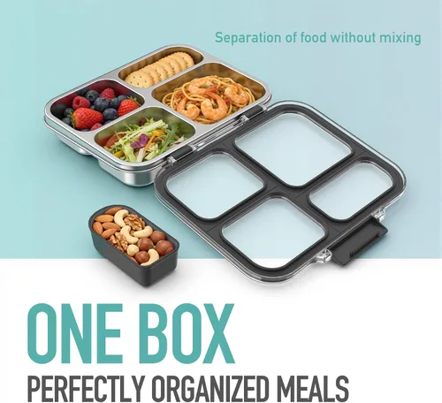 Vista 3 de Caja Bento de acero inoxidable para niños con recipiente de silicona, lonchera metálica de 4 compartimentos para niños y adultos, sello de silicona