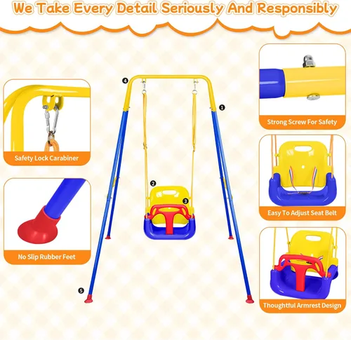 Vista 4 de Columpio 3 en 1 para niños pequeños, columpio plegable para interiores y exteriores para bebé, columpios multifuncionales para niños de 6 meses