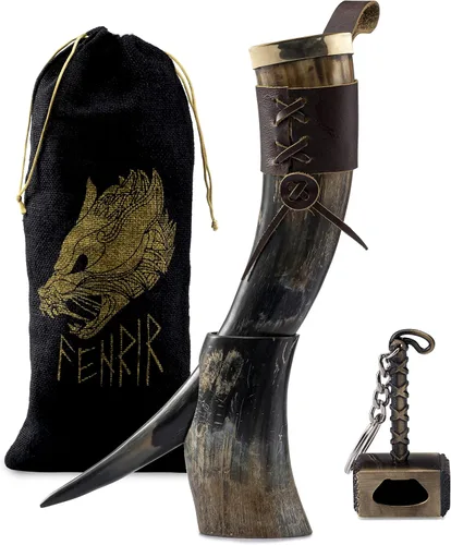 Vista 8 de FENRIR Cuerno vikingo para beber con soporte 16 oz – Regalos para hombres, papá, esposo – Taza natural de cuerno de buey con abrebotellas de Thor
