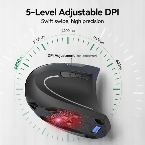 Vista 12 de TECKNET Ratón ergonómico inalámbrico, ratón Ergo vertical recargable Ratón óptico silencioso de 2.4 GHz, con 5 DPI ajustables (800-4800), mouse