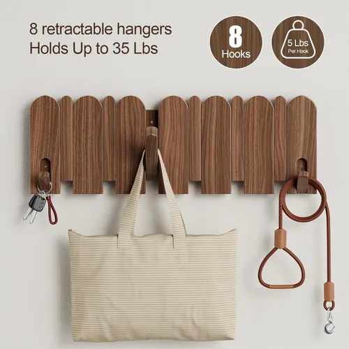 Vista 7 de Perchero de madera de nogal, montaje en pared, 16.5 pulgadas, con 8 ganchos retráctiles, ganchos resistentes para colgar abrigos, sombreros