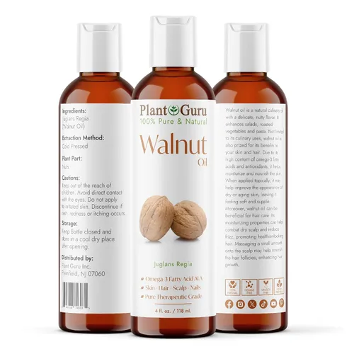 Vista 2 de Plant Guru Aceite de nuez, 4 onzas líquidas, prensado en frío, 100% puro natural, hidratante para el crecimiento de la piel, el cuerpo, la cara
