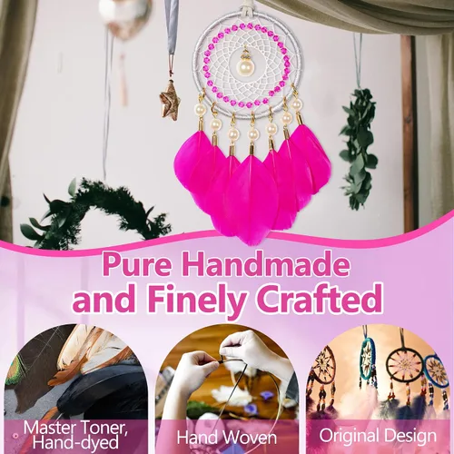 Vista 4 de Mini atrapasueños – Pluma de ganso con perla de lujo, cuero natural, pequeño atrapasueños hecho a mano para dormitorio, atrapasueños para niñas