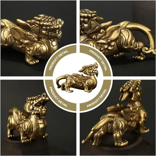 Vista 5 de EXCEART Feng Shui - Estatua de latón Qilin Kylin, escultura de cobre, figuras de Chi Lin, estatua de la suerte Pixiu, decoración para el hogar