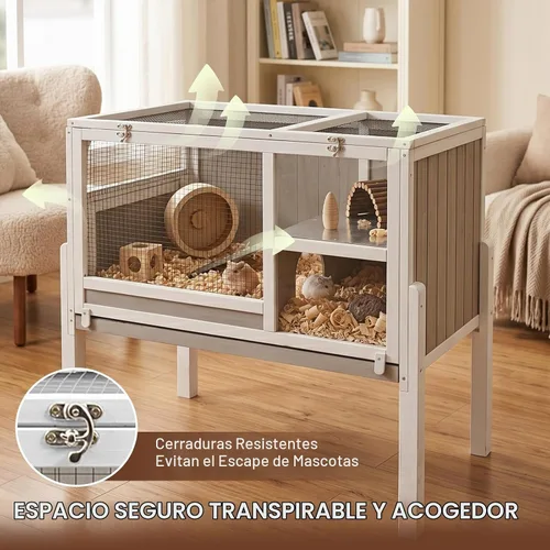 Vista 9 de Jaula grande de madera para conejillos de indias con 4 patas desmontables