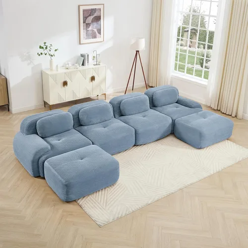 Vista 101 de Sofá moderno comprimido sin armazón de 116", sofás seccionales de 3 plazas para sala de estar, sofá seccional modular de pana verde nube, espuma