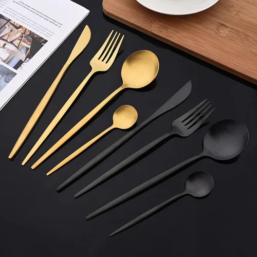 Vista 5 de JASHII Juego de cubiertos mate de 36 piezas con mango plano acabado satinado negro acero inoxidable cubiertos servicio para 6 para cocina casera