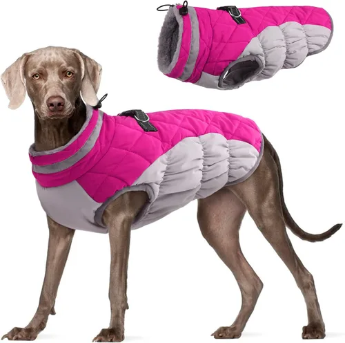 Vista 12 de Abrigo para perro, chaqueta cálida de invierno, acolchada, de vellón, chaleco reflectante con arnés, chaqueta de nieve impermeable con cremallera, a