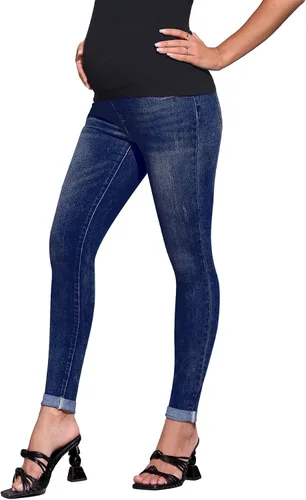 Vista 3 de Floerns Pantalones de mezclilla de maternidad de cintura alta con dobladillo rasgado, con bolsillo para mujer