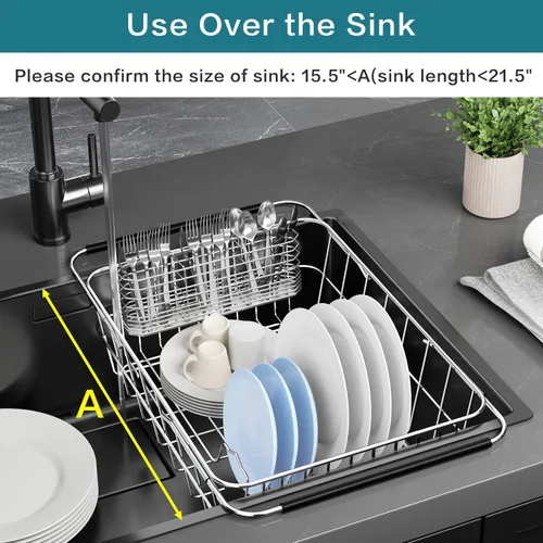 Vista 3 de Escurridor grande para platos en el fregadero expandible, ajustable de acero inoxidable 304, escurridor organizador de platos de metal con soporte