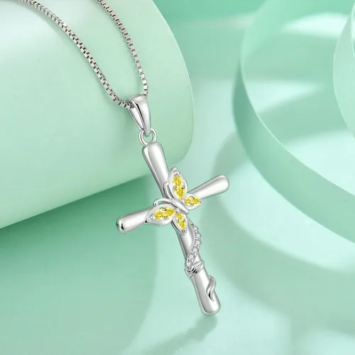 Vista 3 de Blaniy Collar de cruz para mujer, plata de ley 925, collar de mariposa, piedra natal, colgante de piedras preciosas creadas, regalos para mujeres