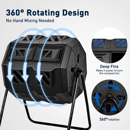 Vista 5 de Yesker Contenedor de compostaje de doble cámara para exteriores, compostador giratorio de 43 galones con puertas correderas, montaje rápido