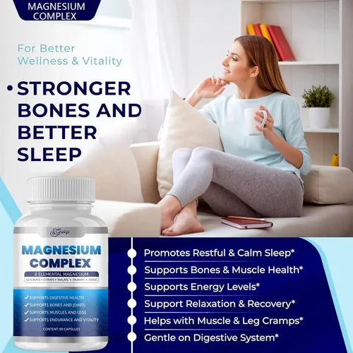 Vista 3 de Complejo de magnesio 8 Suplemento elemental de magnesio 1000 mg, glicinato de magnesio, apoyo para dormir, músculo, huesos, calambres y energía