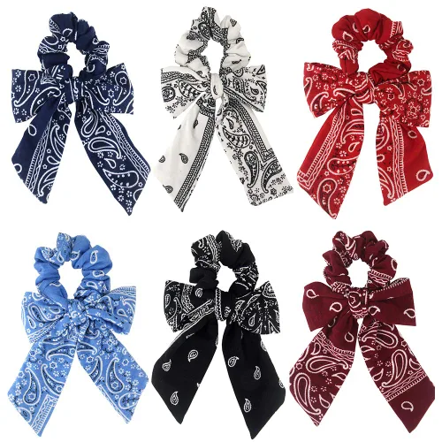 Vista 7 de Bufanda para el cabello, coleta de caballo con 6 bufandas, estampado de flores de cachemira, material de gasa, para mujeres y niñas, accesorios