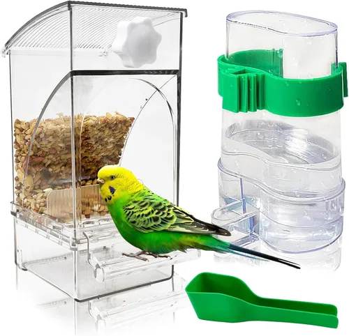 Vista 14 de Hamiledyi Comedero automático para pájaros sin ensuciar, contenedor de comida de semillas de loro acrílico transparente con jaula de perca