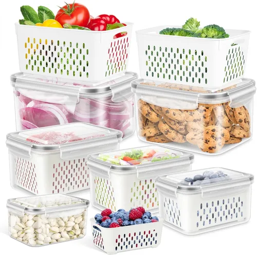 Vista 12 de TBMAXS Paquete de 4 recipientes de almacenamiento de alimentos para refrigerador con colador, herméticos, sin BPA, contenedor de plástico