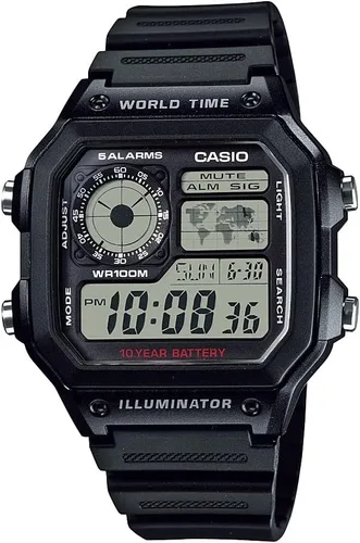 Vista 4 de Casio AE1200WH Series Men’s Digital Watch 100M WR Multi Alarms 100 SEC Stopwatch Countdown Timer World Map for World Time LED Light