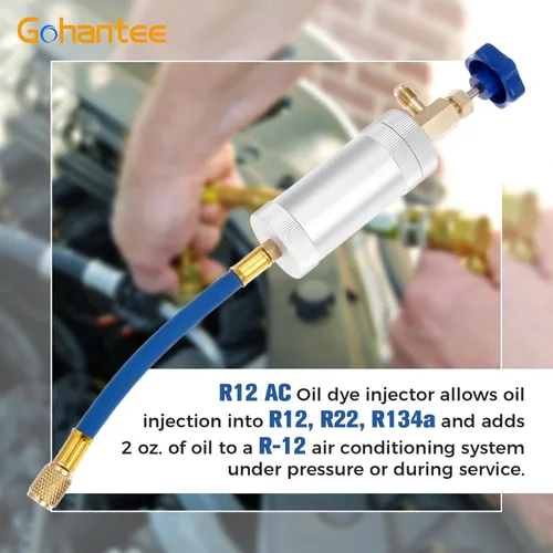 Vista 2 de gohantee Inyector de tinte de aceite de CA R12 para R134a R22 2oz A/C Herramienta de inyección de aire acondicionado hembra 1/4 "SAE x macho 1/4" SAE