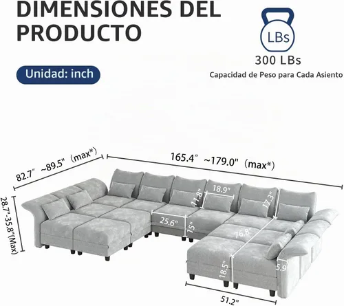 Vista 2 de LLappuil Sofá modular de gran tamaño de 179 pulgadas con asiento de almacenamiento, sofás seccionales grandes de 14 piezas para sala de estar