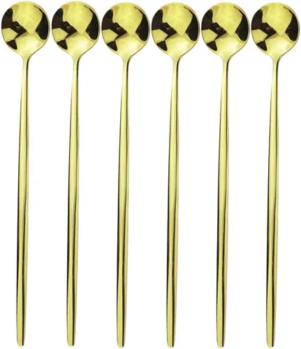 Vista 12 de Cubertería de acero inoxidable 304 de cobre de mango largo Cucharas de té de helado Cucharas de mezcla Vajilla Vajilla Servicio de cocina Juego