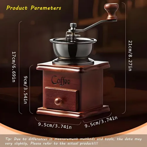 Vista 6 de Molinillo de café manual portátil, molinillo de café de madera maciza vintage con engranaje ajustable de precisión y rebabas cónicas de cerámica que