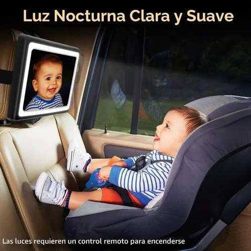 Vista 2 de Espejo de coche para bebé con luz, control remoto, ajustable en 360°, espejo de asiento de coche resistente a los golpes, visión nocturna clara