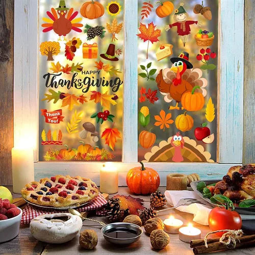 Vista 5 de 158 calcomanías de Acción de Gracias para ventana de vidrio, calcomanías de doble cara para ventana de otoño, pavo de otoño, ofertas de decoración