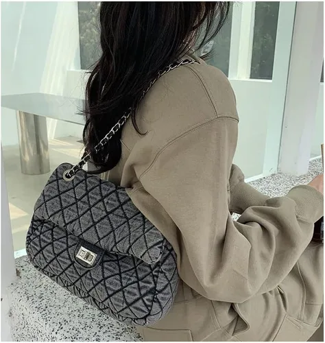 Vista 6 de Bolso casual de un hombro de moda retro de mezclilla a cuadros de diamante gris para mujer