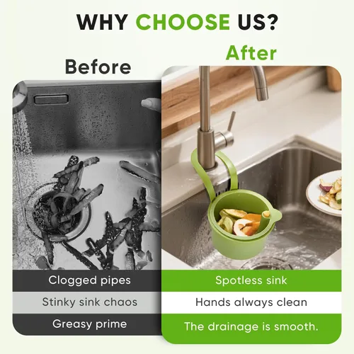 Vista 6 de Colador colgante de residuos de alimentos para fregadero, cesta coladora de fregadero con descarga de prensa, diseño autolimpiante, colador de Verde