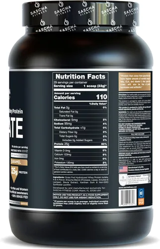 Vista 2 de Sascha Fitness Proteína hidrolizada de suero aislada, 100% alimentada con pasto (2.11 libras) (Sabor caramelo)