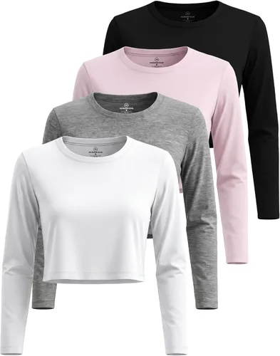Vista 13 de Real Essentials 4 Pack: Camiseta de manga larga y cuello redondo para mujer, de algodón, recortada - Camiseta casual corta