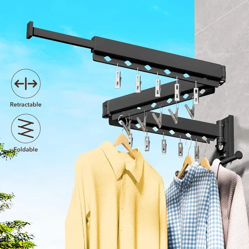 Vista 3 de ZdwCyl Percha de ropa montada en la pared, estante de secado de ropa de aluminio, ahorro de espacio, retráctil, agujeros a prueba de viento