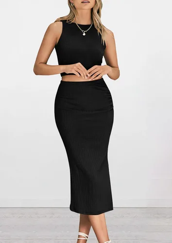 Vista 3 de PRETTYGARDEN Conjunto de 2 piezas de verano para mujer, cuello redondo, sin mangas, con abertura, falda midi