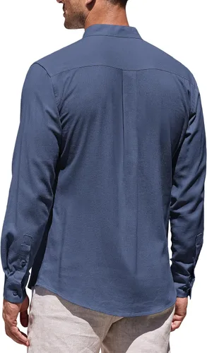 Vista 3 de COOFANDY Camisas de lino de manga larga con cuello de banda, camisas casuales con botones para hombre