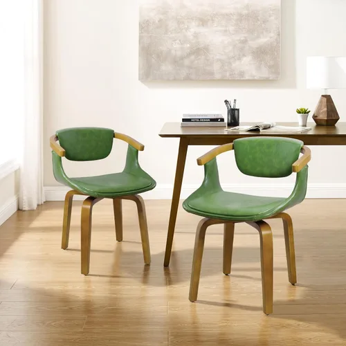 Vista 8 de Zouron Silla de escritorio sin ruedas, moderna silla de oficina de madera, silla de cuero sintético con brazo para sala de estar, dormitorio