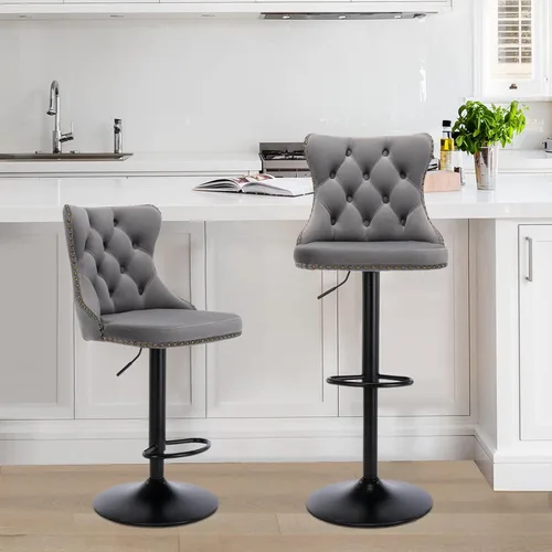 Vista 29 de SoarFlash Juego de 2 taburetes de bar tapizados de terciopelo moderno con patas de madera, botones acolchados, cabeza de clavo cromada, asiento