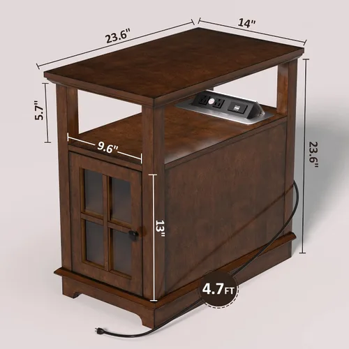 Vista 3 de HIFYOBRO Mesa auxiliar con estación de carga, juego de 2, puertos y tomas de corriente tipo C y USB, estante ajustable para almacenamiento en sala