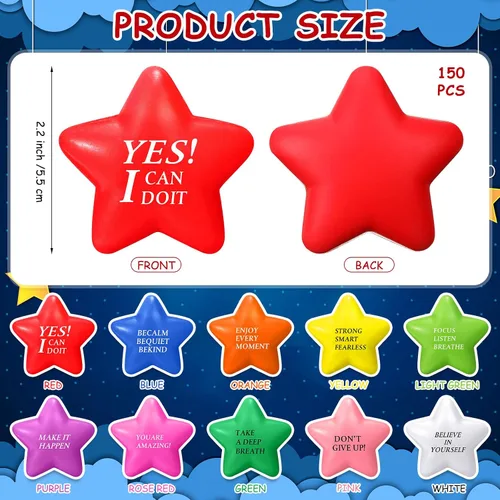 Vista 2 de Jenaai 150 bolas de estrella para el estrés, motivacional, de 2.2 pulgadas, con citas inspiradoras, mini juguete sensorial colorido para aliviar