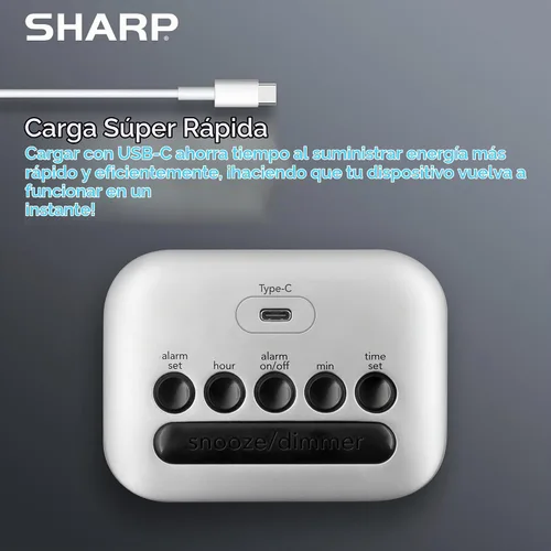 Vista 3 de Sharp Reloj despertador digital con puerto de carga USB-C súper rápido y pantalla LED verde