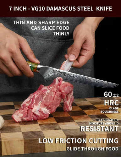 Vista 2 de Cuchillo de filete de 7 pulgadas, VG10 Damasco cuchillo para deshuesar peces con mango de resina - Serie Xuan (naranja fantasía)