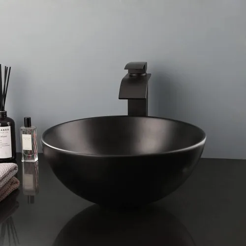 Vista 3 de Fregadero de baño de cerámica negra de 13 pulgadas con grifo mezclador, cuenco redondo para fregadero de baño con grifo de cascada y drenaje