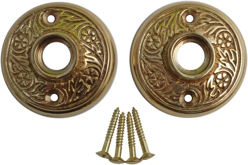 Vista 11 de Renovators Supply Manufacturing Par de rosetas de pomo de puerta de 2.38 pulgadas de latón antiguo decorativo para puerta