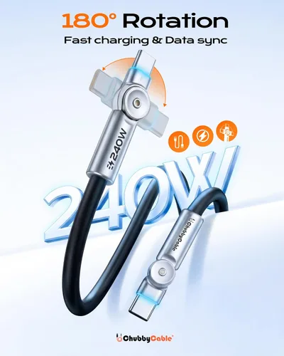 Vista 2 de chubbycable Chubby RotateX - Cable de carga rápida giratorio de 240 W, doble 180°, con luz LED, cable USB C de silicona suave, cable de carga extra