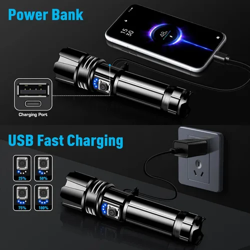 Vista 2 de ANKRA Linterna LED recargable de alto lumen, 10 modos de zoom, impermeable, banco de energía de salida USB, linterna táctica para camping