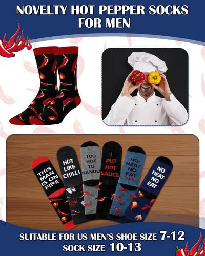 Vista 5 de Haysandy 6 pares de calcetines divertidos de comida para hombres, calcetines de algodón novedosos, regalo de Navidad para pimientos, tocino, perros