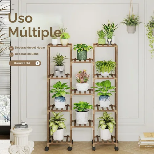 Vista 6 de Bamworld - Soporte para plantas con ruedas de madera para interior y exterior, estante para múltiples plantas con 11 macetas, soporte alto y grande