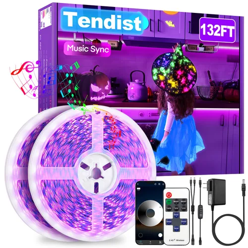 Vista 8 de Tira de luz LED negra de 100 pies con control remoto, adhesivo de luz negra de neón morado inteligente para fiesta brillante, luz UV para decoración