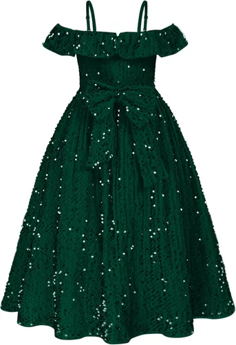 Vista 2 de GRACE KARIN Vestido de niña con hombros descubiertos y lentejuelas brillantes con nudo de lazo, 6-12 años