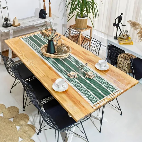 Vista 5 de Camino de mesa de algodón bohemio de 14 x 60 pulgadas, decoración de mesa para cocina o comedor, caminos de mesa tejidos verdes a rayas